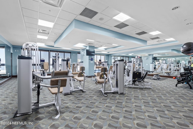 workout area with carpet floors and a drop ceiling