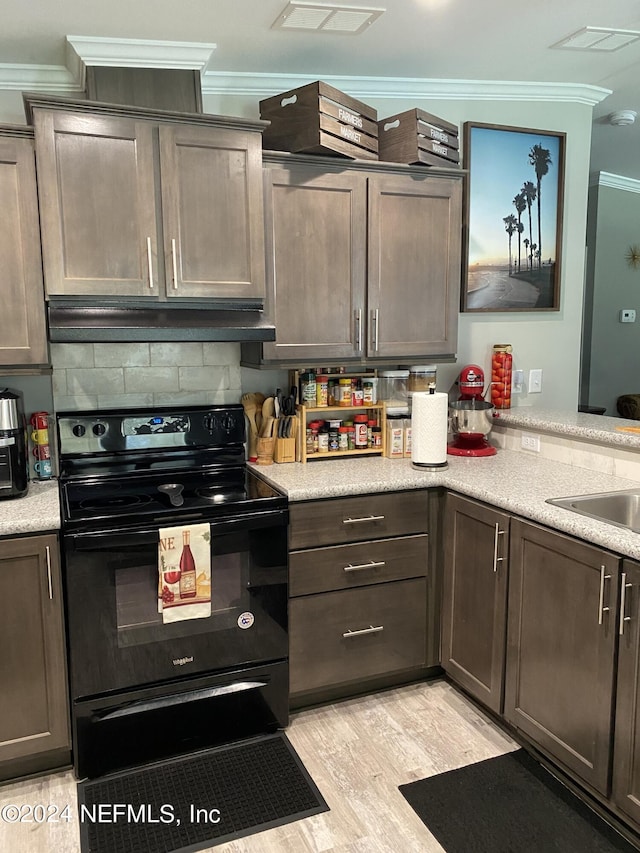 kitchen featuring sink, dark brown cabinets, electric range, crown molding, and light hardwood / wood-style floors