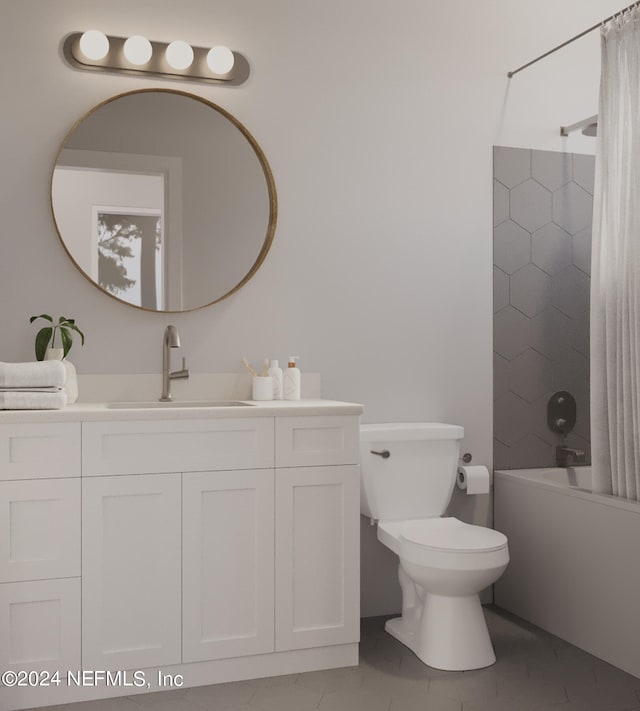 full bathroom with vanity, toilet, tile patterned floors, and shower / bath combination with curtain