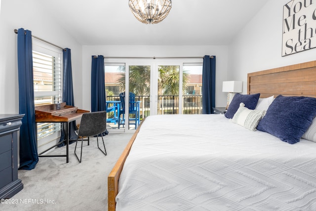 bedroom featuring vaulted ceiling, light carpet, french doors, and access to outside