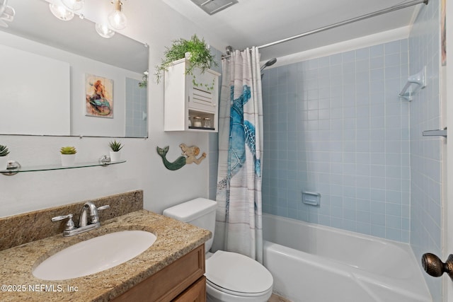 full bathroom with vanity, shower / bath combination with curtain, and toilet