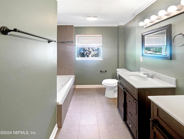 bathroom with vanity, tile patterned floors, toilet, and ornamental molding