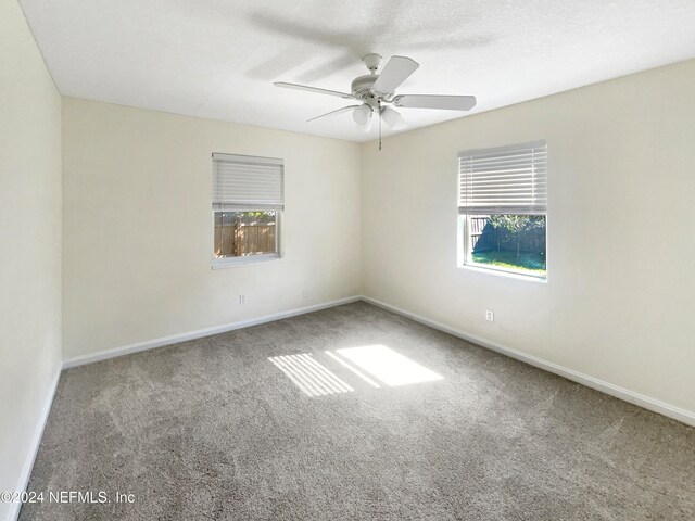 carpeted spare room featuring plenty of natural light and ceiling fan