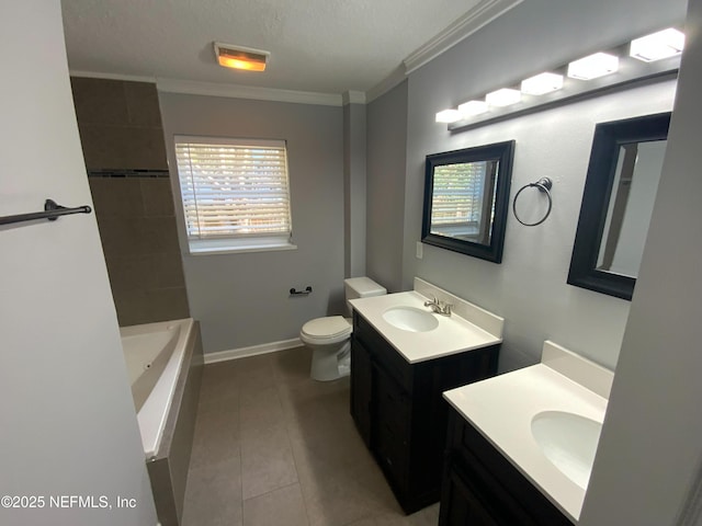 bathroom with crown molding, two vanities, a sink, baseboards, and tile patterned floors