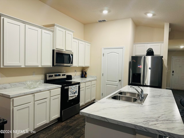 kitchen featuring white cabinets, stainless steel appliances, dark hardwood / wood-style floors, and sink