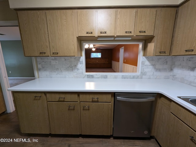 kitchen with light brown cabinetry, dishwasher, backsplash, and kitchen peninsula