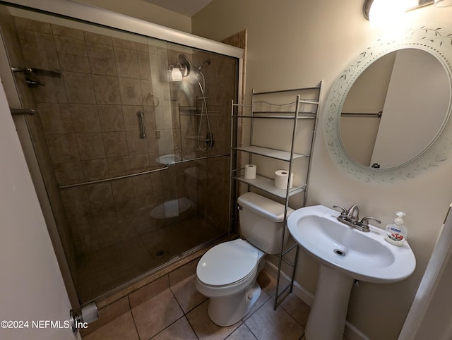 bathroom featuring walk in shower, tile patterned flooring, and toilet