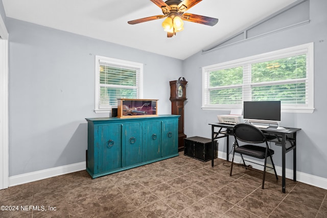 office featuring ceiling fan and vaulted ceiling