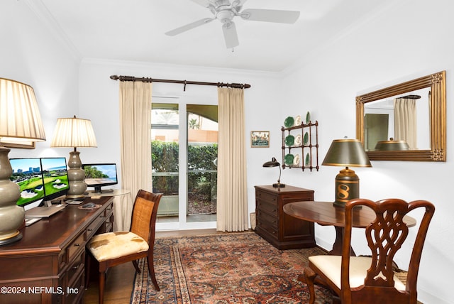 office with crown molding, dark hardwood / wood-style flooring, and ceiling fan