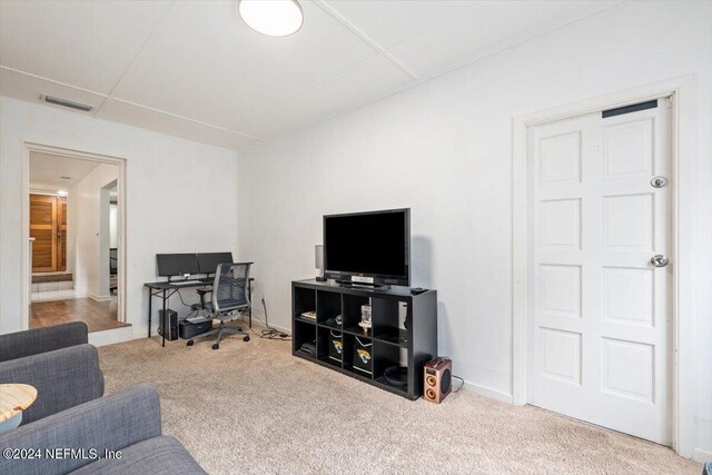 living room with light colored carpet