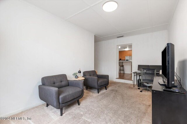 sitting room featuring light carpet