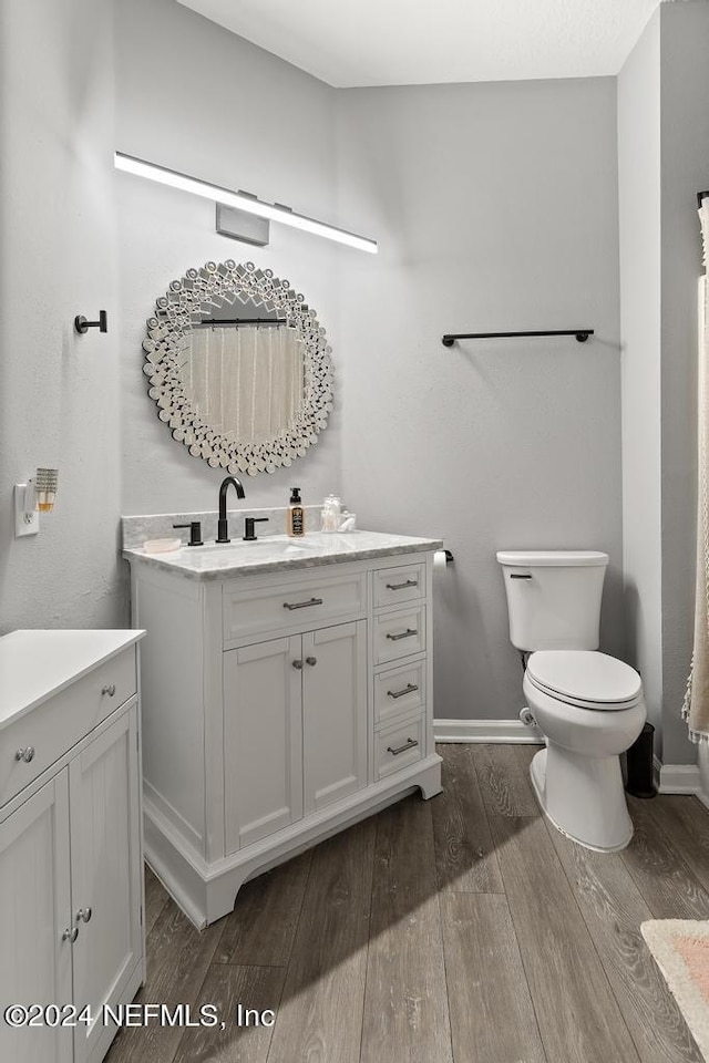 bathroom featuring toilet, hardwood / wood-style flooring, and vanity