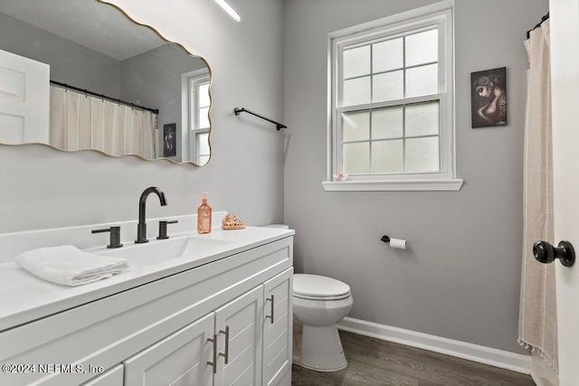 bathroom with vanity, toilet, a healthy amount of sunlight, and wood-type flooring