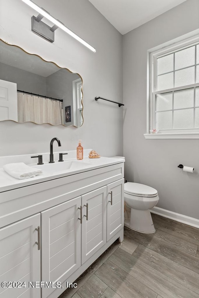 bathroom featuring wood-type flooring, toilet, and vanity