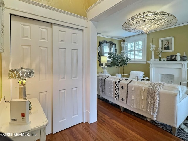 bedroom with ornamental molding, a closet, and hardwood / wood-style flooring