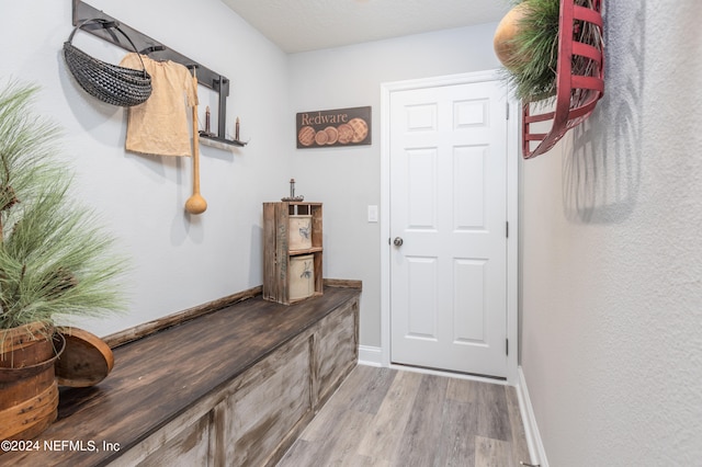 mudroom with a textured ceiling and wood-type flooring