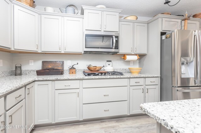 kitchen with light wood-type flooring, light stone counters, a textured ceiling, and appliances with stainless steel finishes