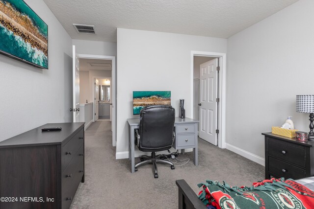 interior space featuring a textured ceiling and light colored carpet