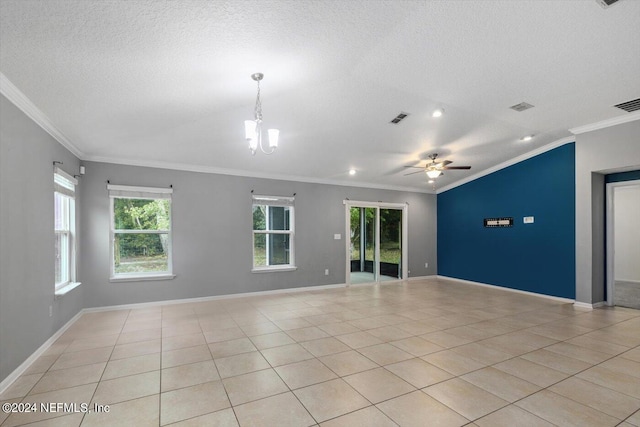 tiled spare room featuring ceiling fan with notable chandelier, crown molding, and a textured ceiling