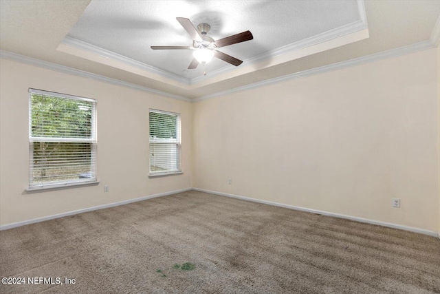 carpeted spare room featuring a textured ceiling, a raised ceiling, ceiling fan, and ornamental molding