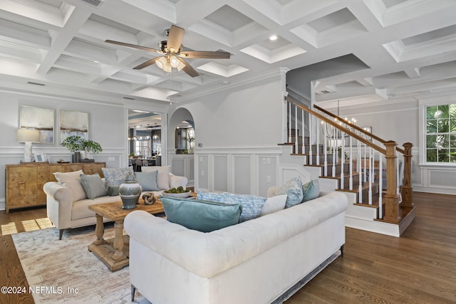 living room with beamed ceiling, dark wood-type flooring, ceiling fan with notable chandelier, coffered ceiling, and ornamental molding