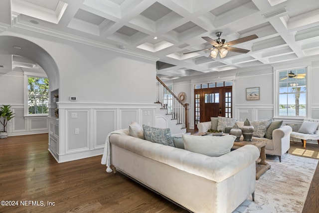 living room with a healthy amount of sunlight, beamed ceiling, dark hardwood / wood-style floors, and ceiling fan