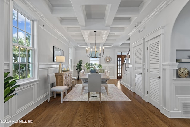 dining space with a wealth of natural light, coffered ceiling, and dark wood-type flooring