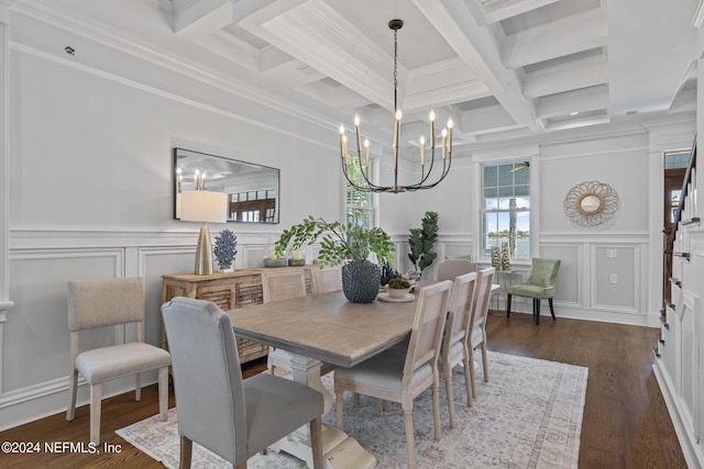 dining space with a notable chandelier, beamed ceiling, dark wood-type flooring, and crown molding