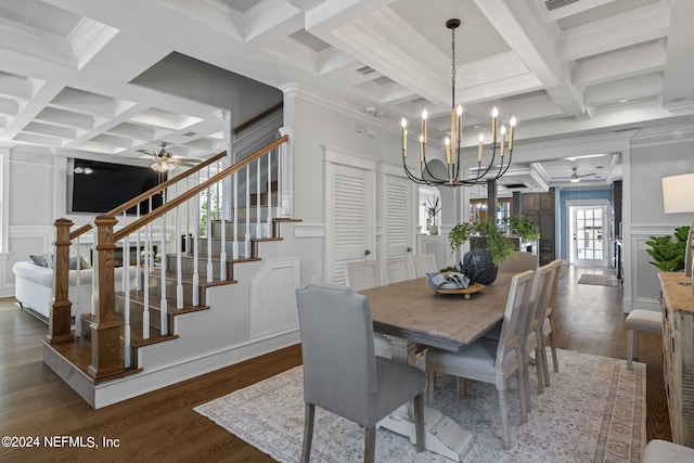 dining area with dark hardwood / wood-style floors, ceiling fan with notable chandelier, beam ceiling, coffered ceiling, and ornamental molding