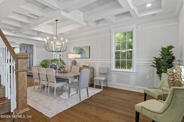 dining area with beam ceiling, ornamental molding, dark wood-type flooring, a chandelier, and coffered ceiling