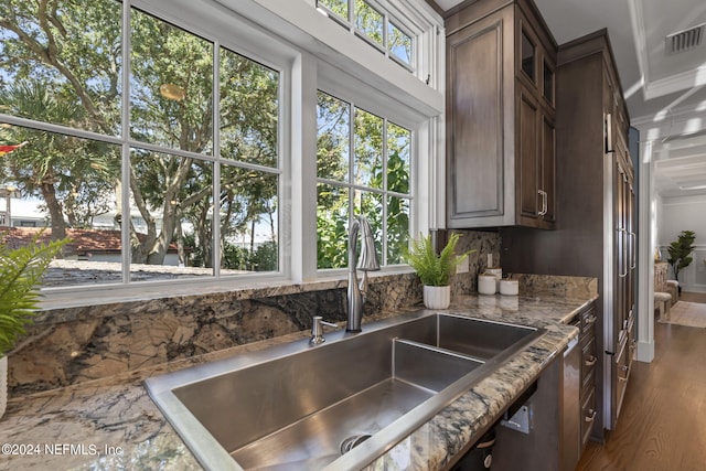 kitchen featuring dark brown cabinets, dark wood-type flooring, sink, and stone countertops