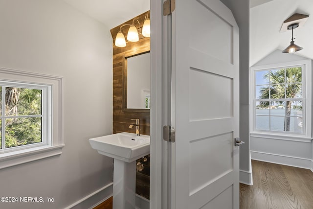 bathroom with hardwood / wood-style floors