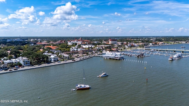 drone / aerial view with a water view