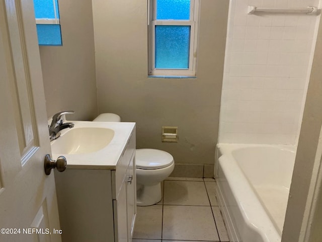 full bathroom featuring shower / tub combination, tile patterned flooring, vanity, and toilet