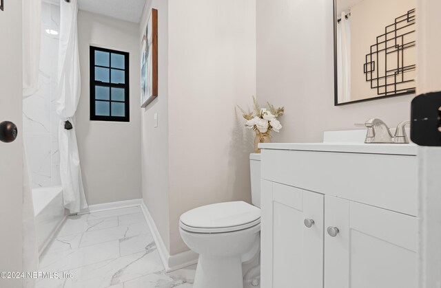 full bathroom featuring toilet, shower / tub combo, and vanity