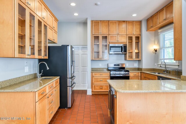 kitchen with kitchen peninsula, light stone countertops, sink, and appliances with stainless steel finishes