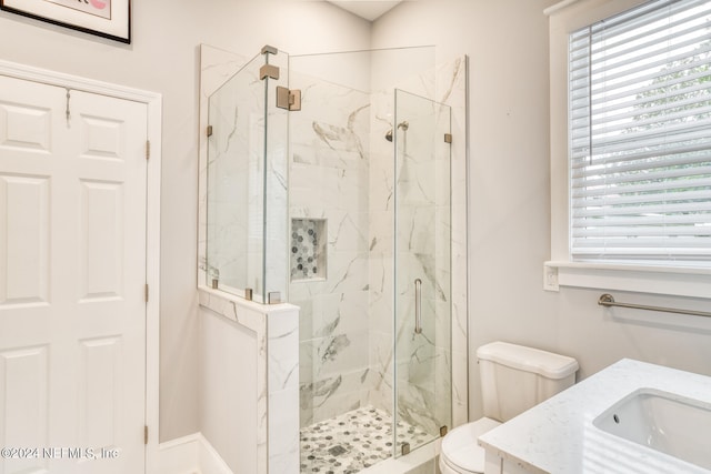 bathroom featuring vanity, toilet, and an enclosed shower