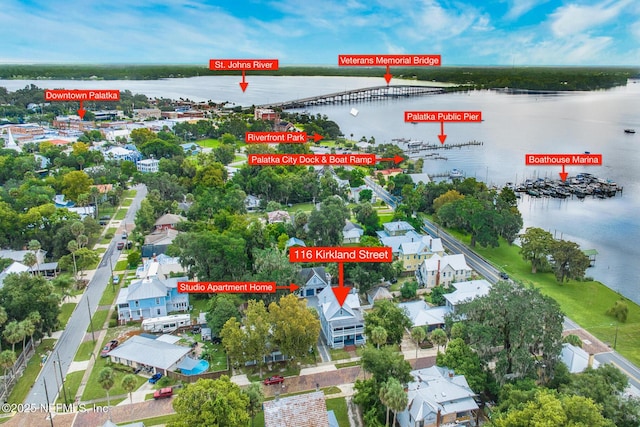 birds eye view of property featuring a water view