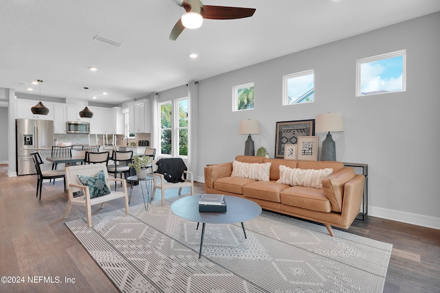 living room with wood-type flooring and ceiling fan