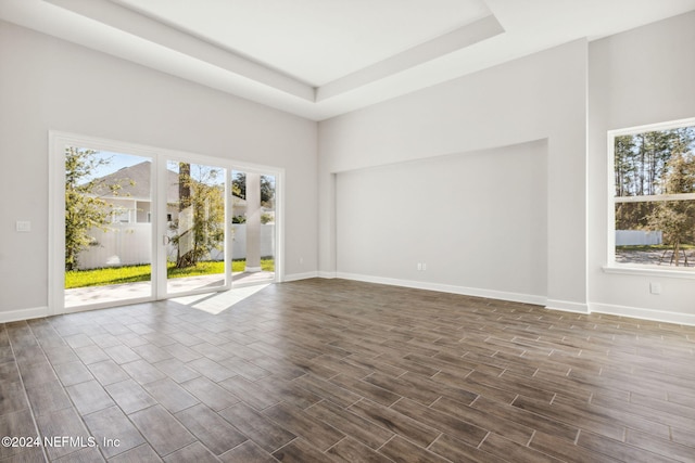 spare room with dark hardwood / wood-style flooring and a raised ceiling