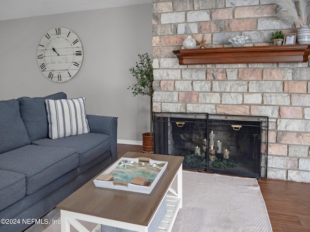 living room featuring wood-type flooring and a fireplace