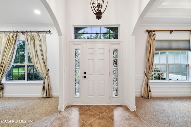 foyer with carpet, crown molding, and a healthy amount of sunlight