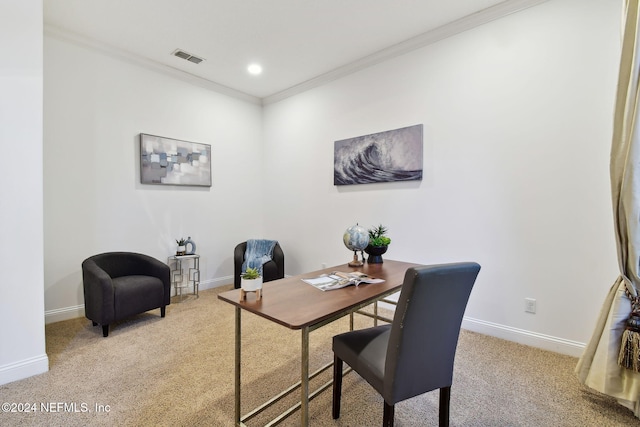 carpeted home office featuring ornamental molding