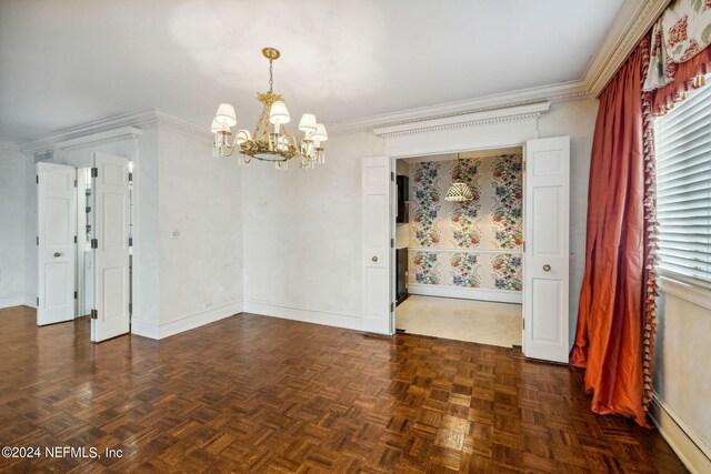 unfurnished room with crown molding, an inviting chandelier, and dark parquet floors