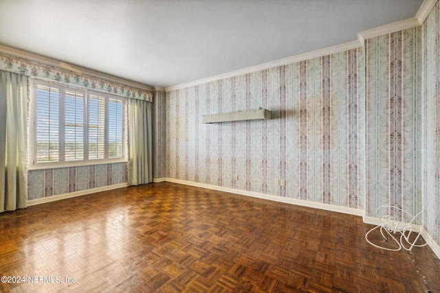 unfurnished room with dark parquet flooring and crown molding