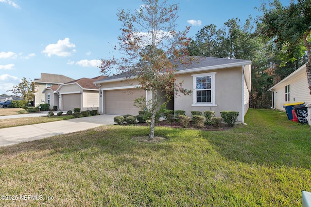 ranch-style house featuring a garage and a front yard