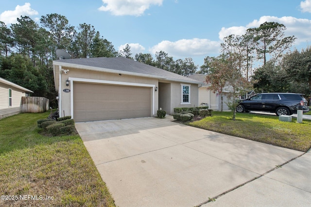 ranch-style house with a garage and a front lawn