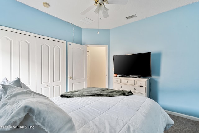 carpeted bedroom featuring ceiling fan and a closet