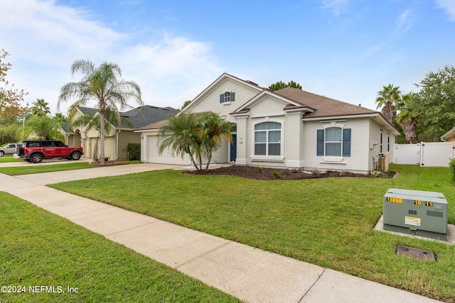 view of front of property with a garage and a front lawn