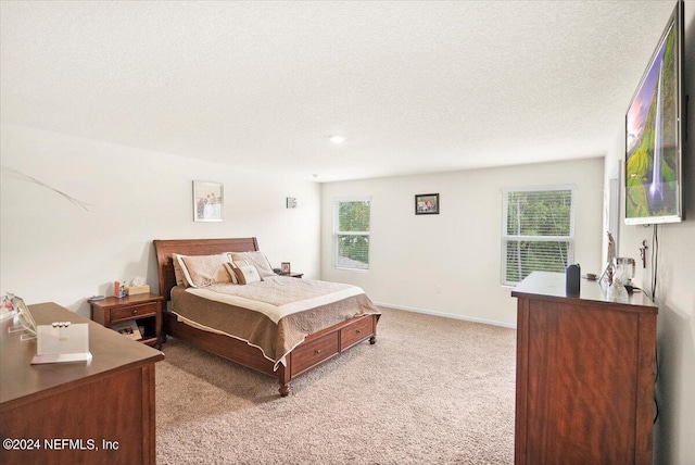 bedroom with light colored carpet and a textured ceiling